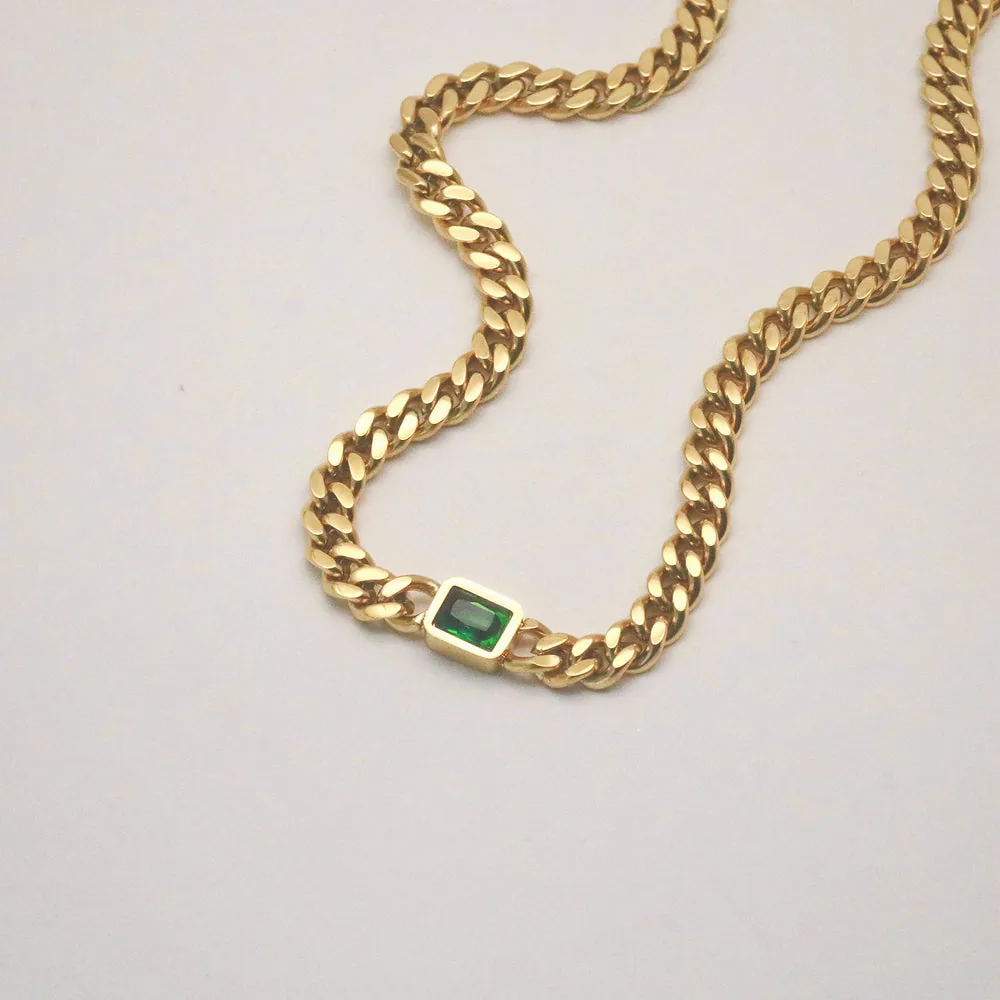 Emerald Gem Curb Chain Necklace - Waterproof 316L