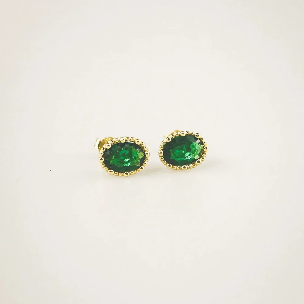 Emerald Oval Stud Earrings - Hypoallergenic Gold Plated Jewelry