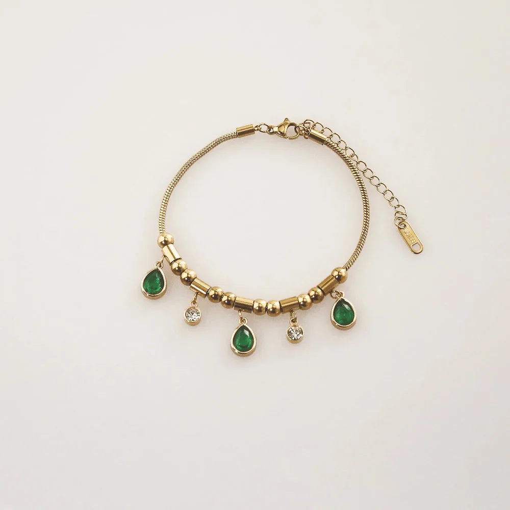 Emerald Teardrop Charm Bracelet – Waterproof 18k Gold Plated