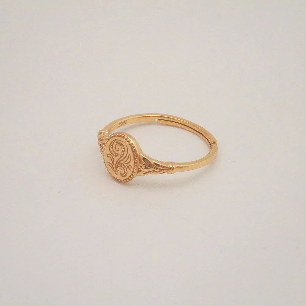 Engraved Leaf Signet Ring – Adjustable Gold Plated Ring
