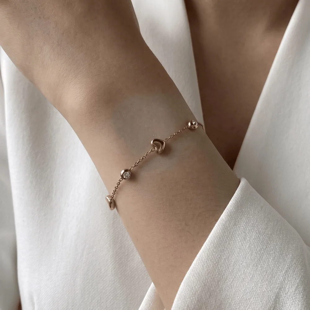 Gold Heart CZ Station Bracelet – Waterproof 18k Plated