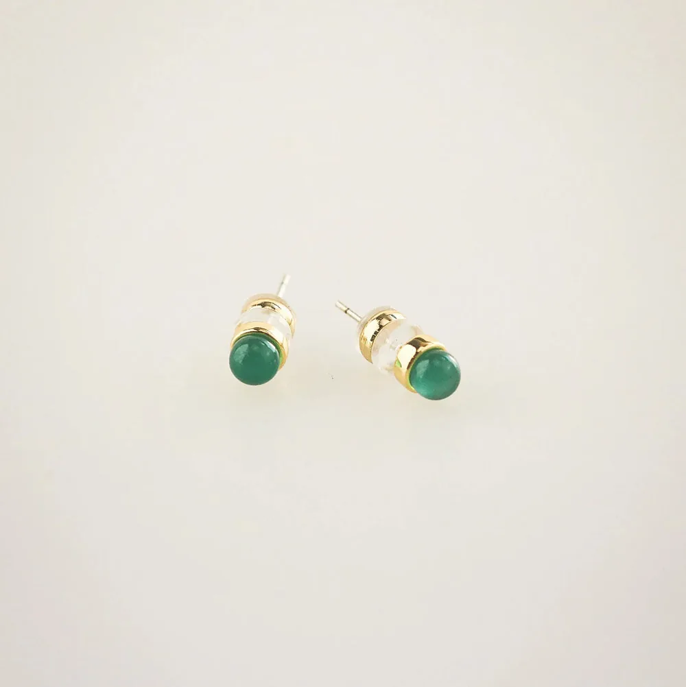 Green Agate Stud Earrings Gold Plated 4mm