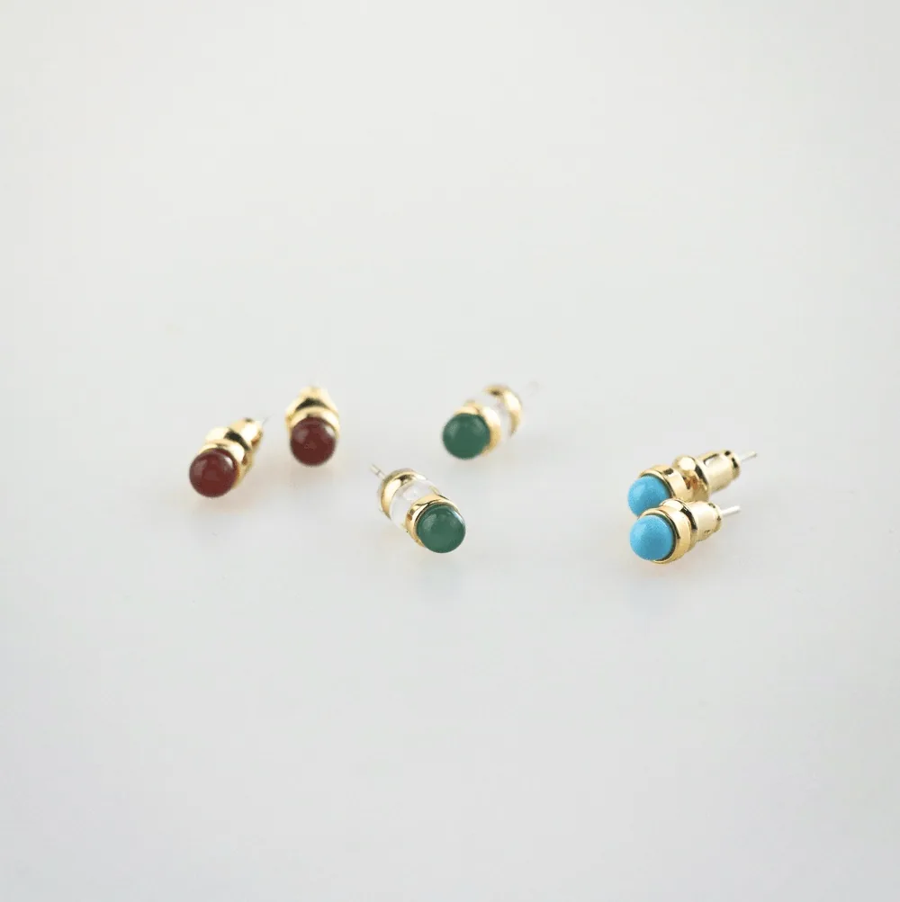 Green Agate Stud Earrings Gold Plated 4mm