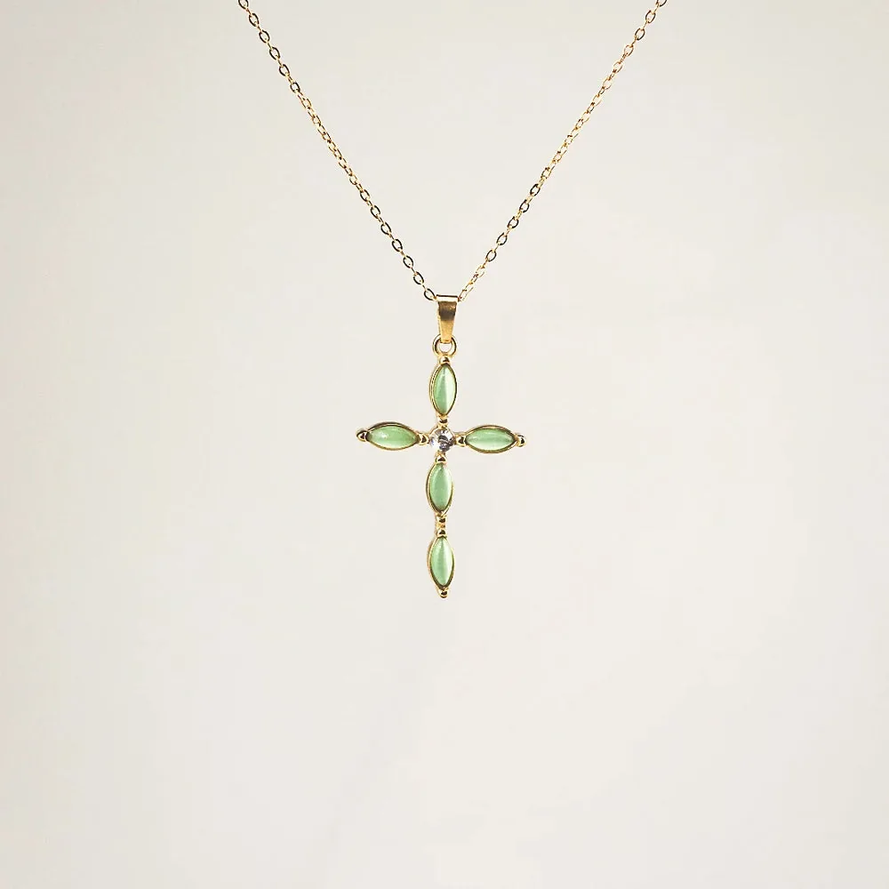 Green Cat's Eye Cross Necklace – Waterproof 18k Gold Plated