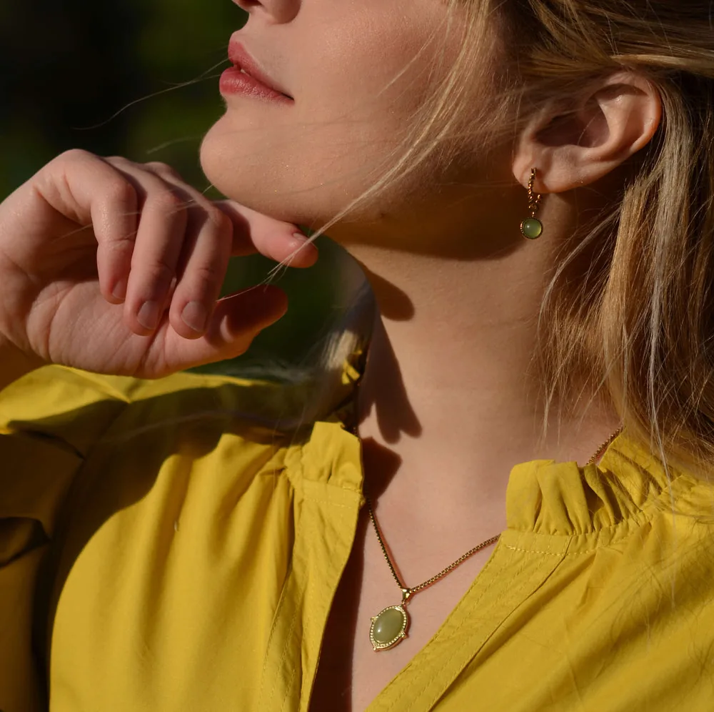 Green Jade Hoop Earrings & Oval Jade Necklace Set