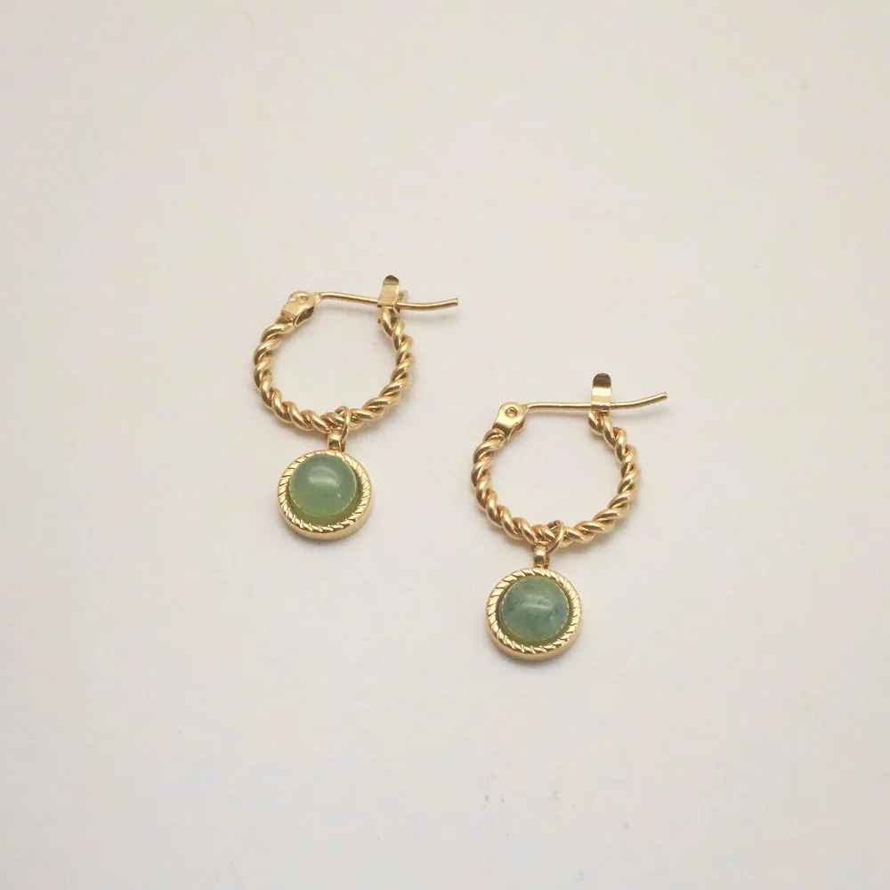 Green Jade Hoop Earrings - Waterproof Gold Hoops