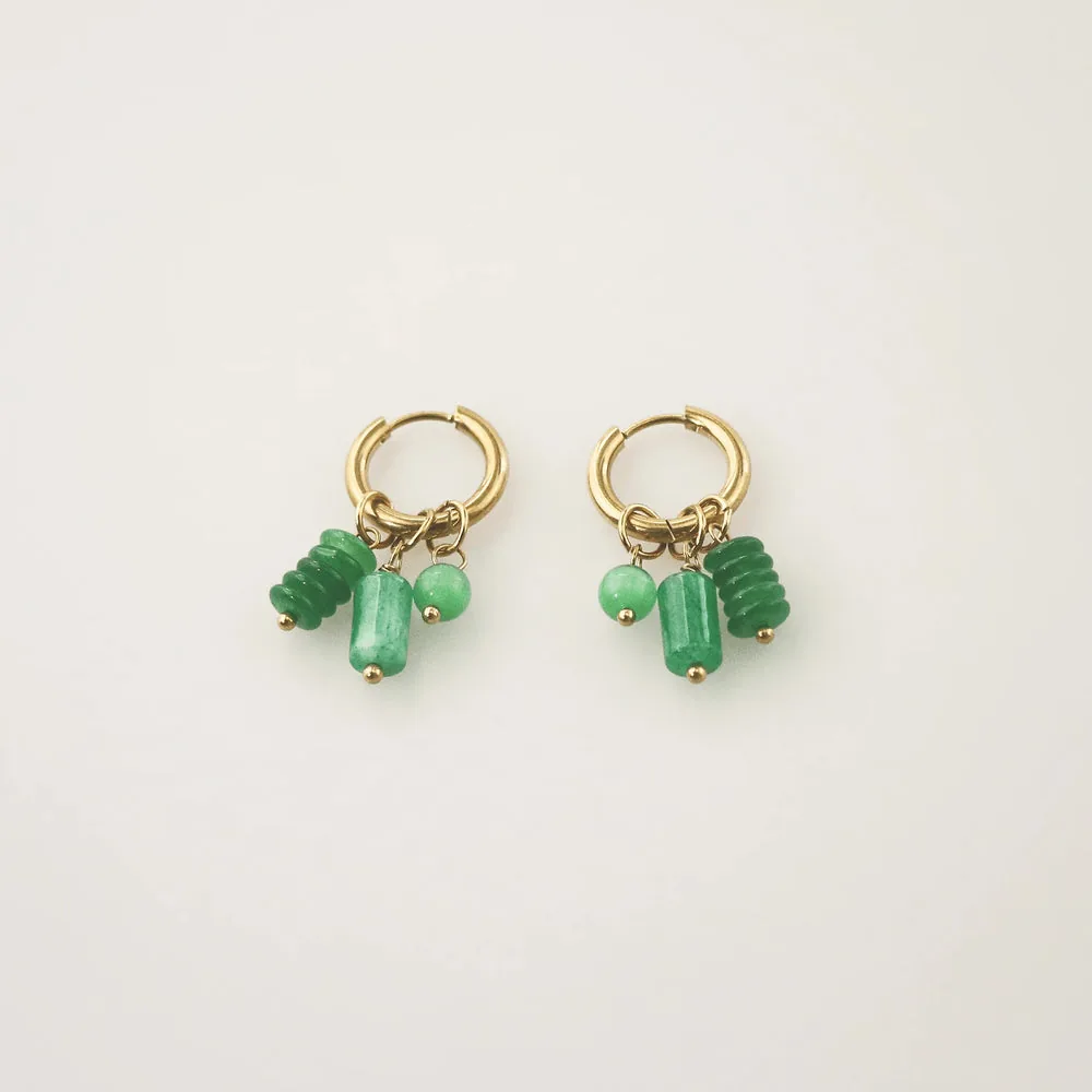 Green Jade Triple Charm Hoop Earrings - Waterproof & Hypoallergenic