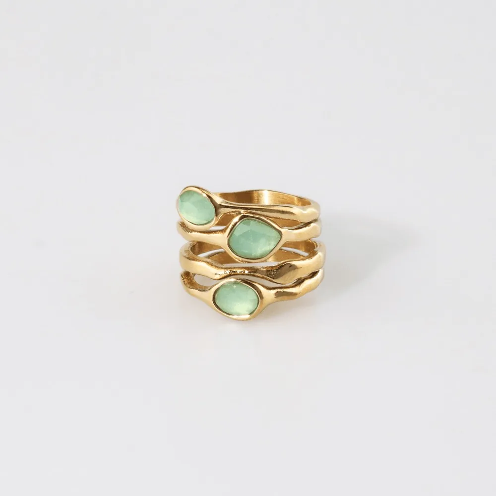 Green Stone Multi Row Ring – Waterproof Gold Ring