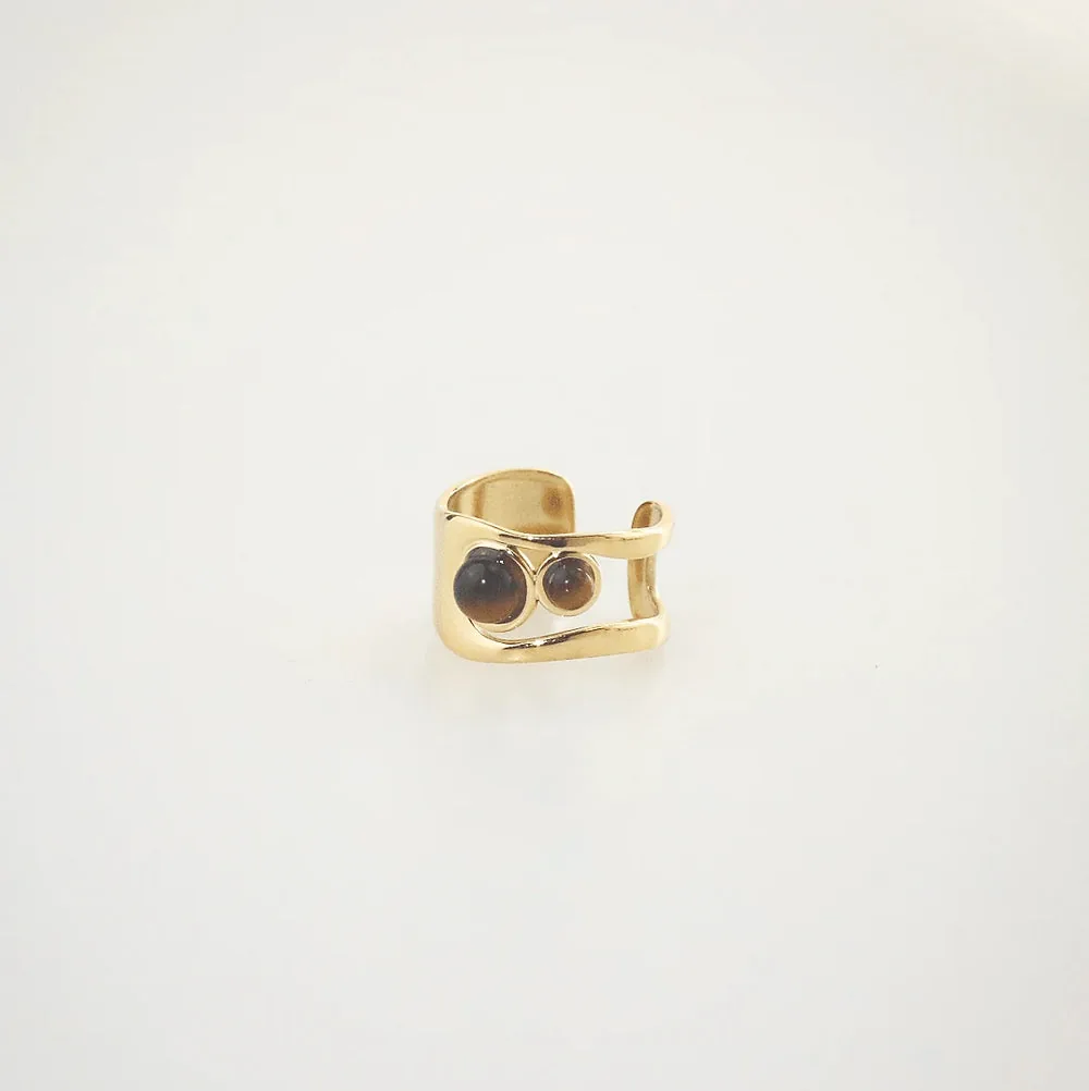 Hypoallergenic Tiger's Eye Cuff Ring - Waterproof 18k Gold
