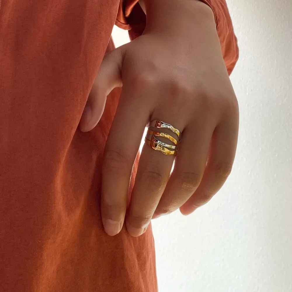 Mixed Multi Row Hammered Ring - Gold & Silver Stack