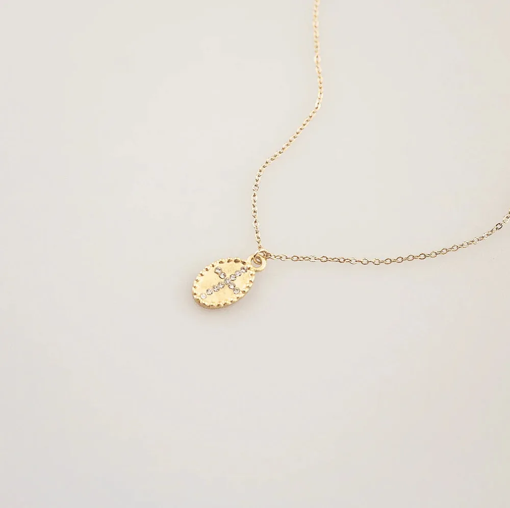 Oval CZ Cross Pendant Necklace – Waterproof 18K Gold