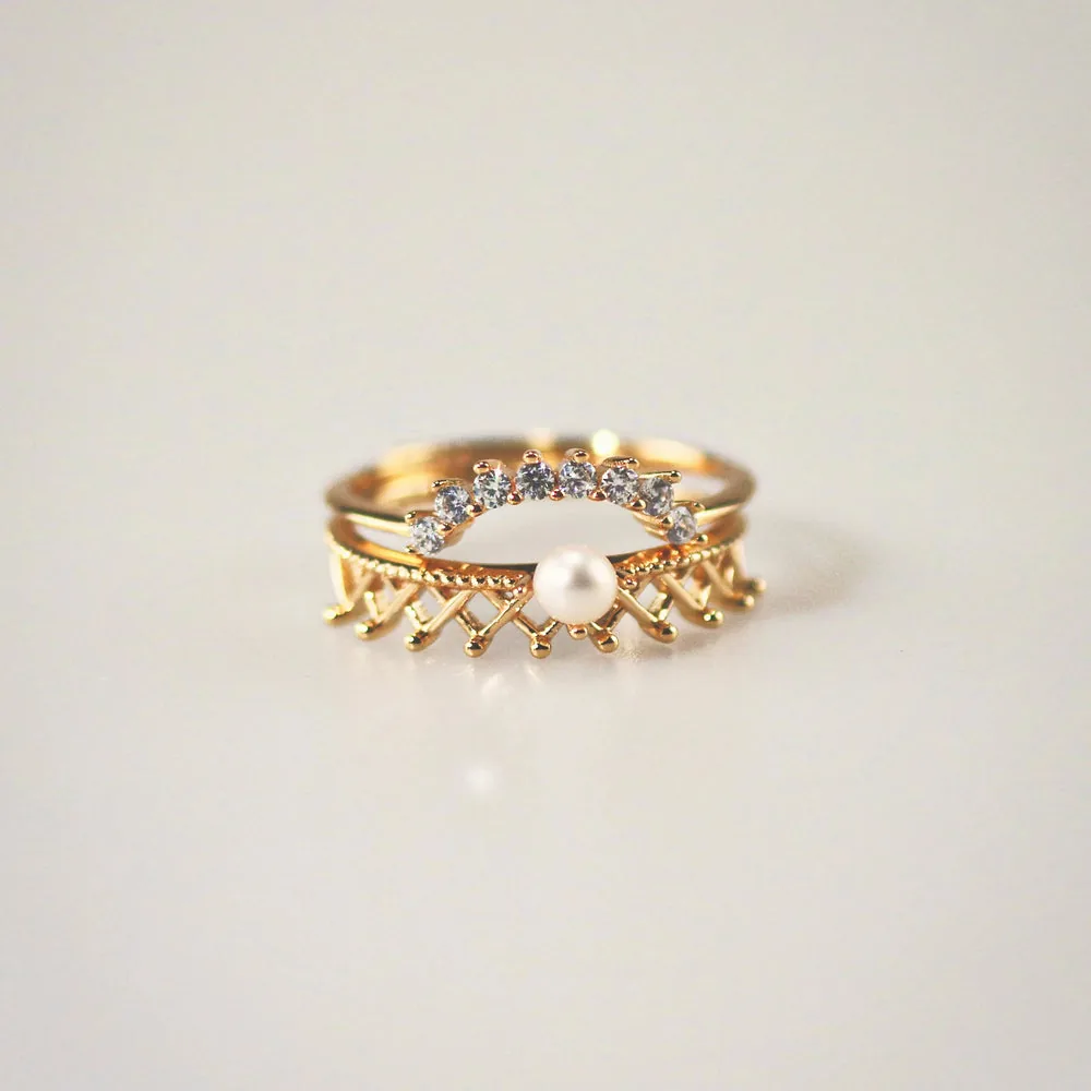 Pearl Crown Ring + Arch Band Ring Set - Adjustable Gold