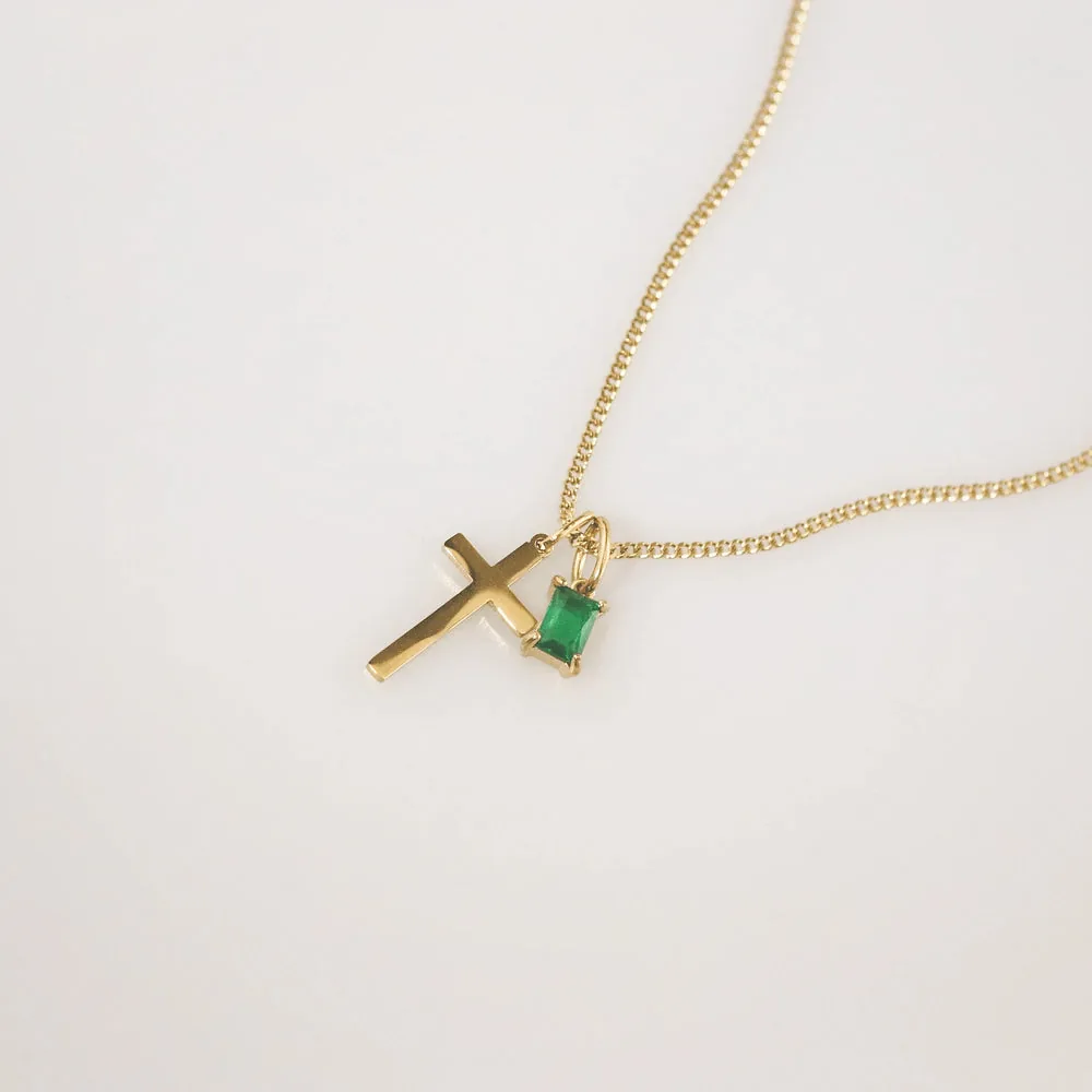 Personalized Cross & Birthstone Necklace - Waterproof Gold
