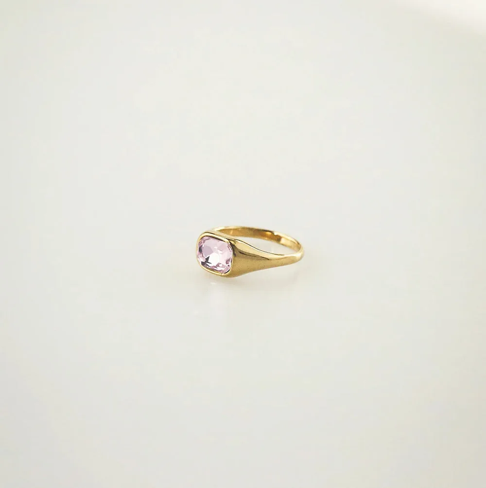Pink Emerald Cut Ring - Waterproof Gold Dome Band