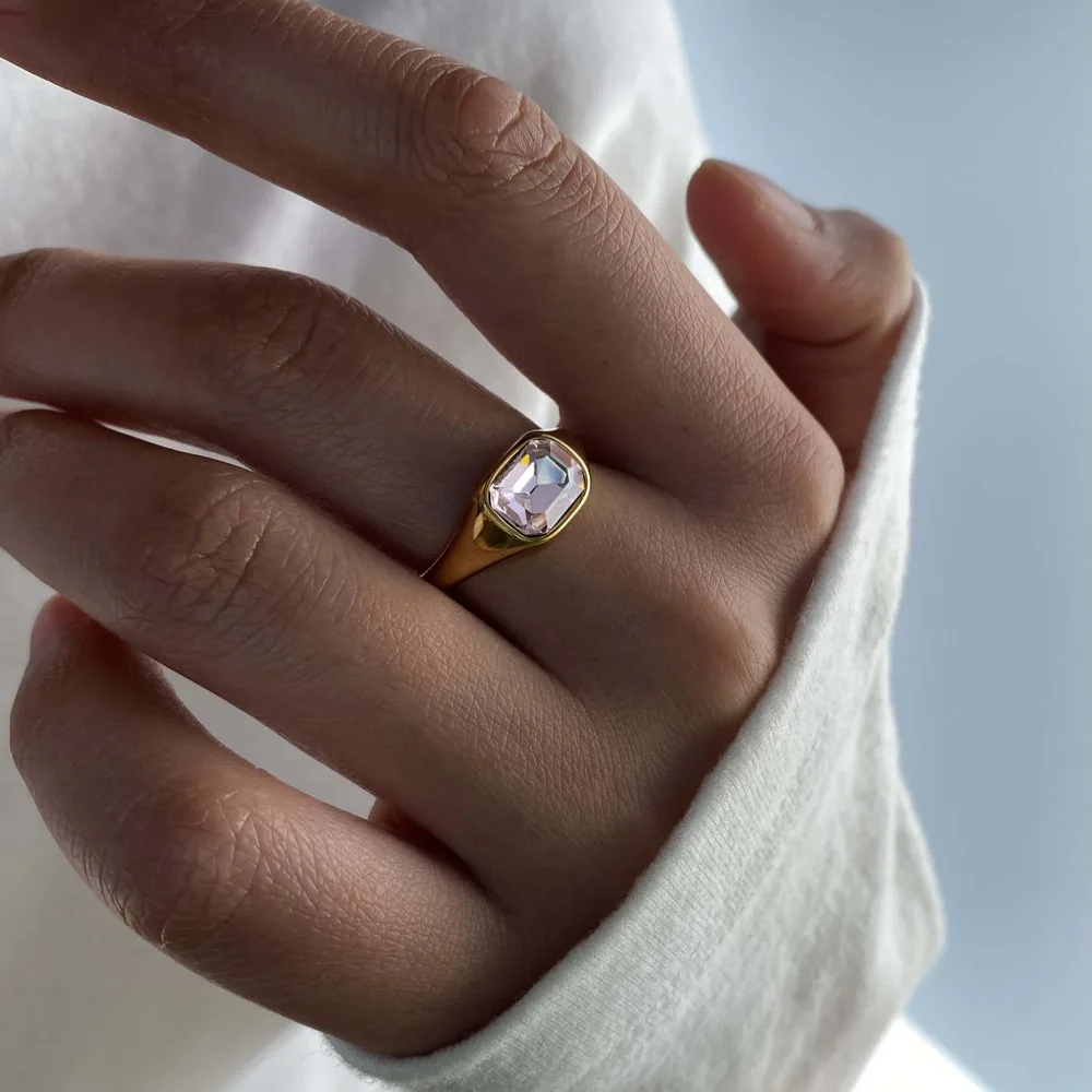 Pink Emerald Cut Ring - Waterproof Gold Dome Band