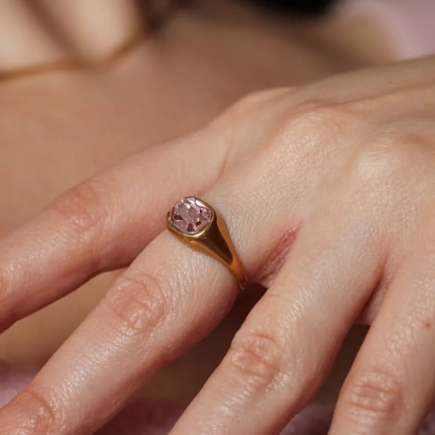 Pink Emerald Cut Ring - Waterproof Gold Dome Band