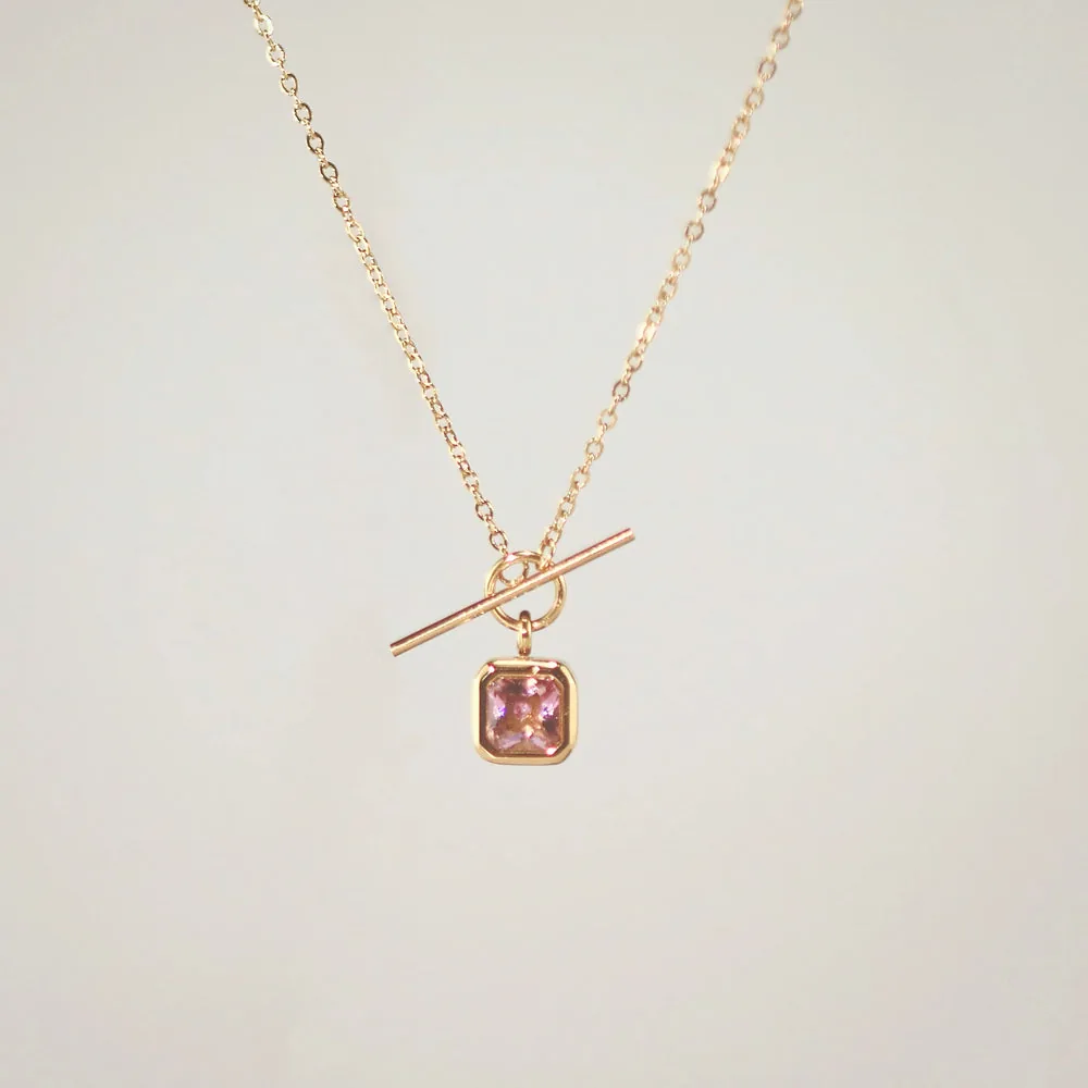 Pink Gemstone Toggle Necklace - Waterproof 18k Gold Plated