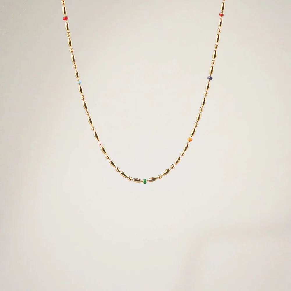 Rainbow Rice Bead Chain Necklace - Waterproof 18k Gold
