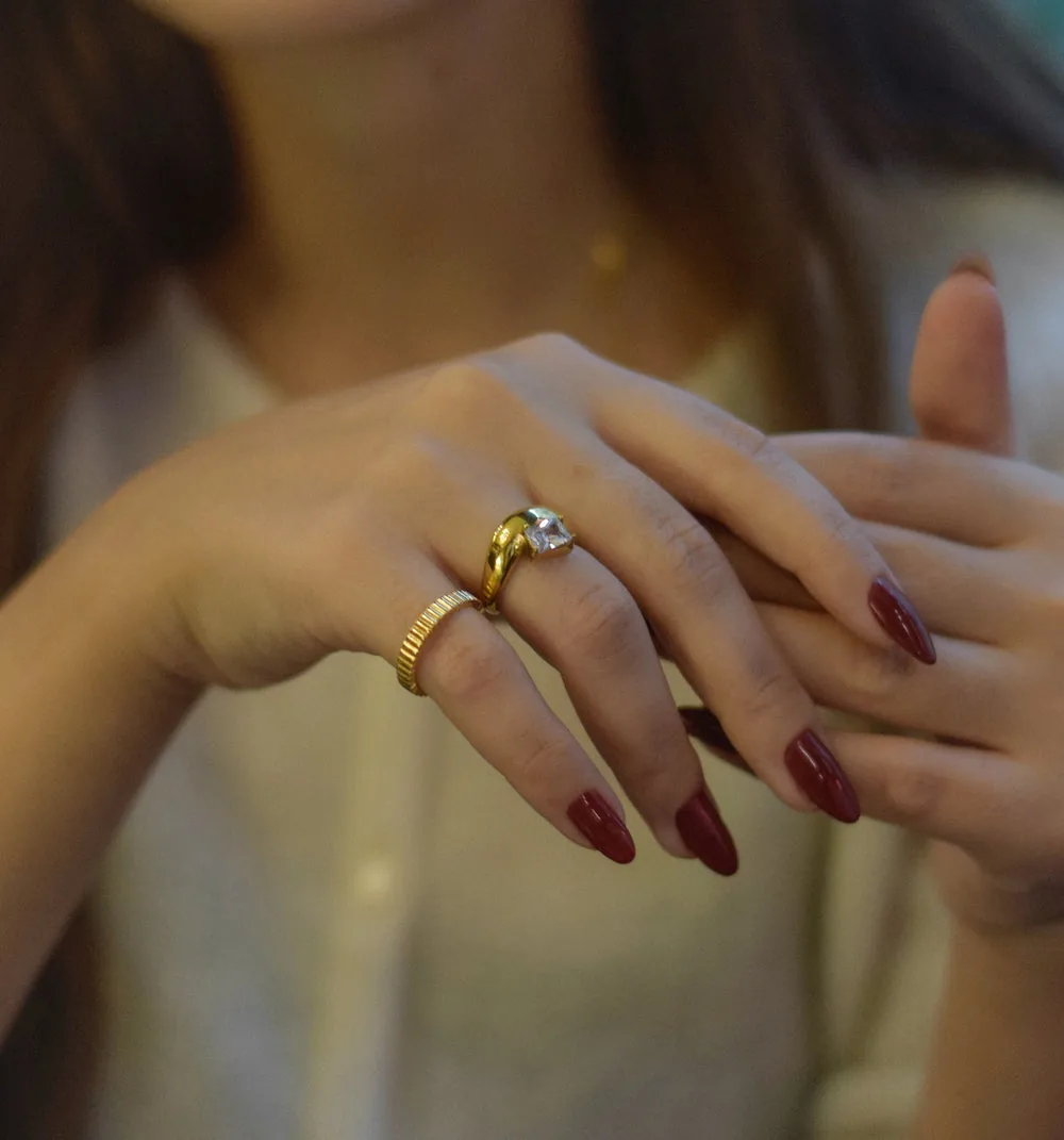 Ribbed Thin Band Ring - Waterproof Gold Plated Stainless Steel
