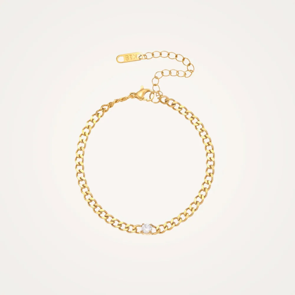 Solitaire Curb Chain Bracelet – Waterproof 18K Gold Plated Stainless Steel
