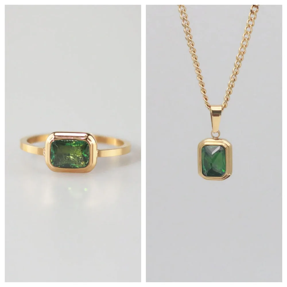 Square Emerald Jewelry Set - Waterproof Ring & Necklace