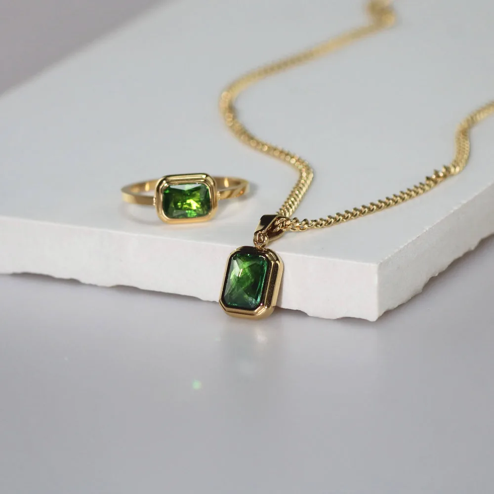 Square Emerald Jewelry Set - Waterproof Ring & Necklace