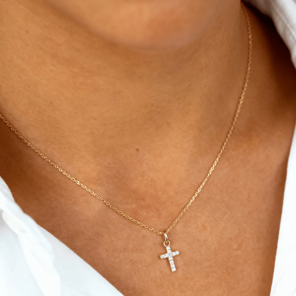 Tiny Pave Cross Necklace – Gold Plated Sterling Silver