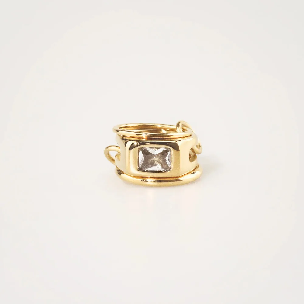 Triple Link Rectangle CZ Ring - 18k Gold Plated Stainless Steel