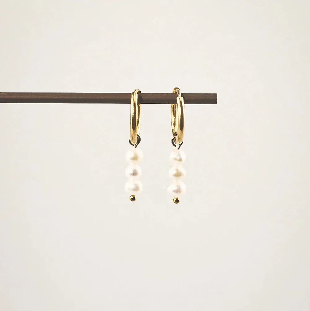 Triple Pearl Hoop Earrings - Waterproof 18k Gold