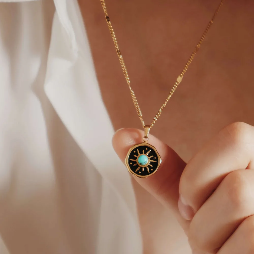Turquoise Sun Medallion Necklace – Waterproof Gold Pendant