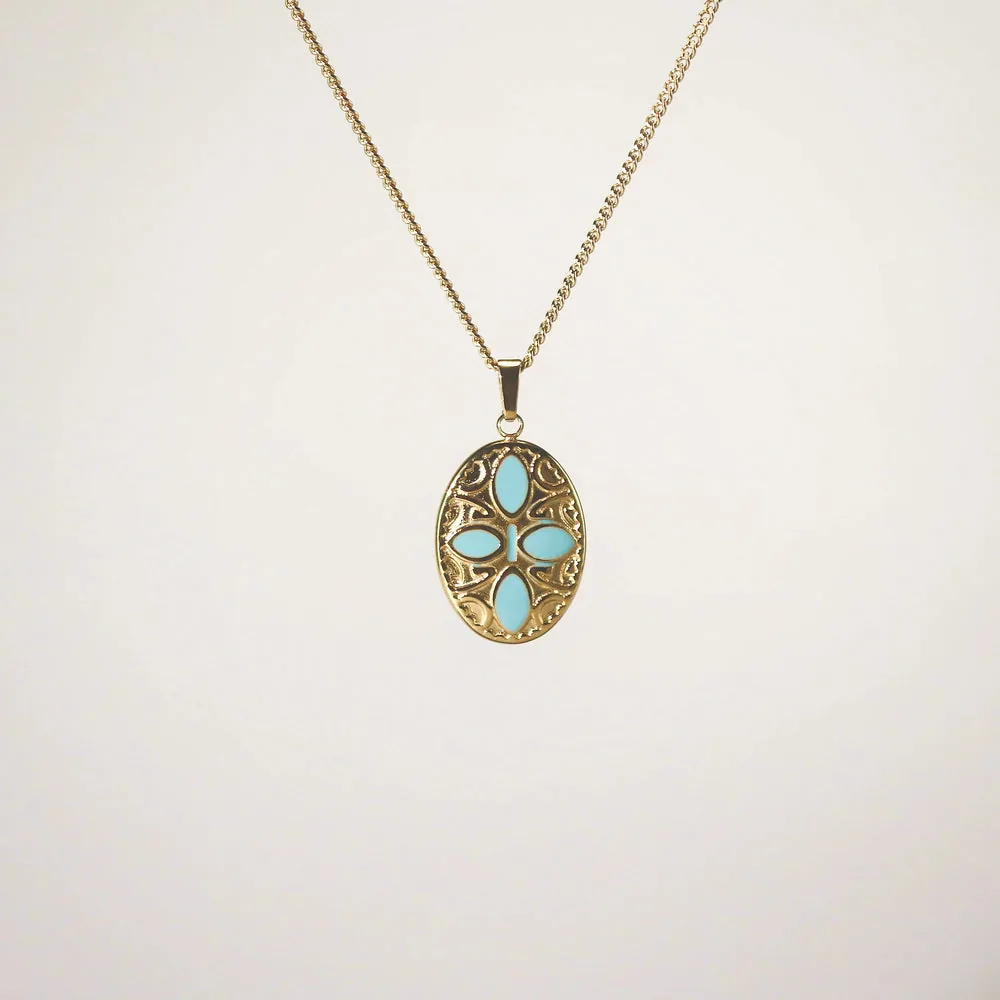 Waterproof 18k Gold Oval Blue Petals Pendant Necklace