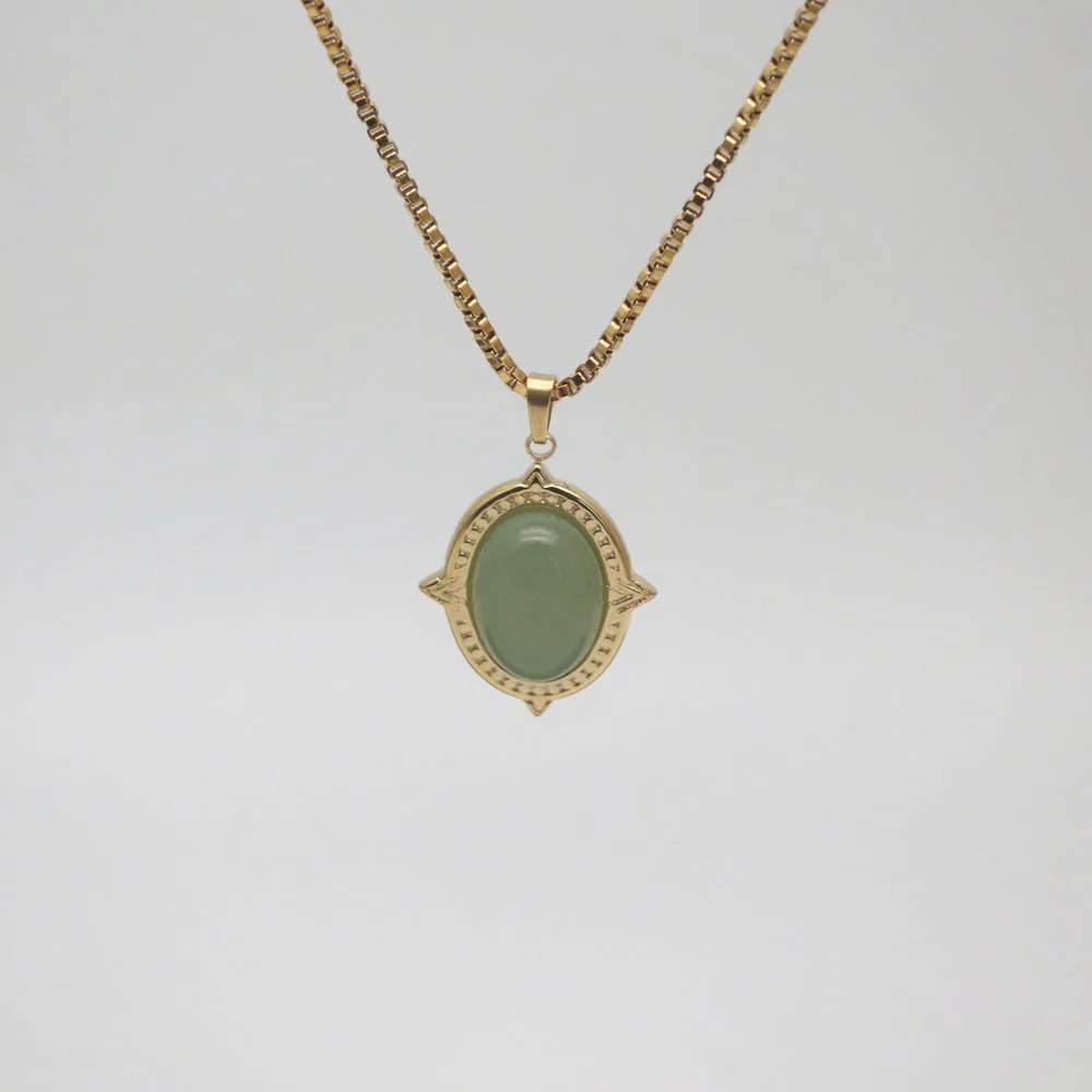 Waterproof 18k Gold Plated Oval Jade Necklace