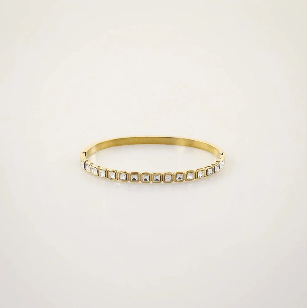 Waterproof Gold Bangle Bracelet with Clear Stones