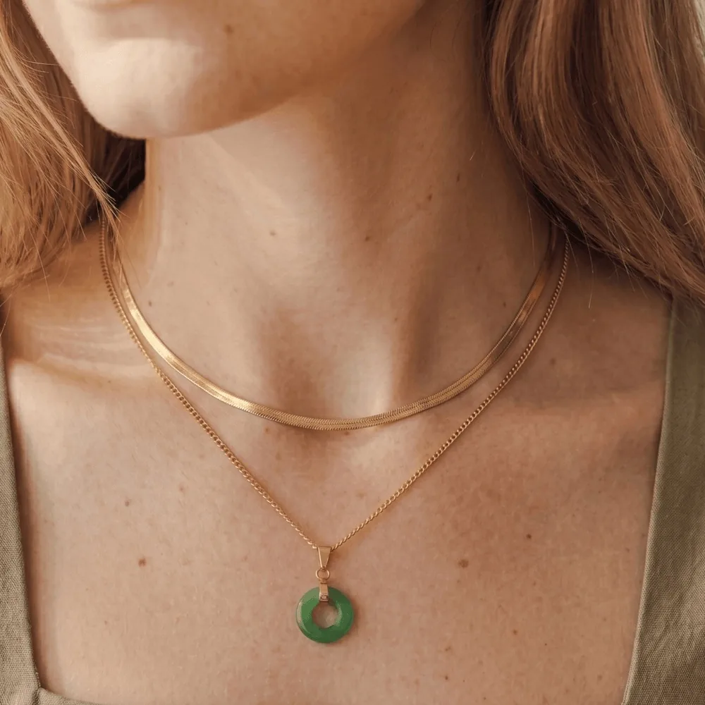 Waterproof Gold Green Jade Donut Necklace