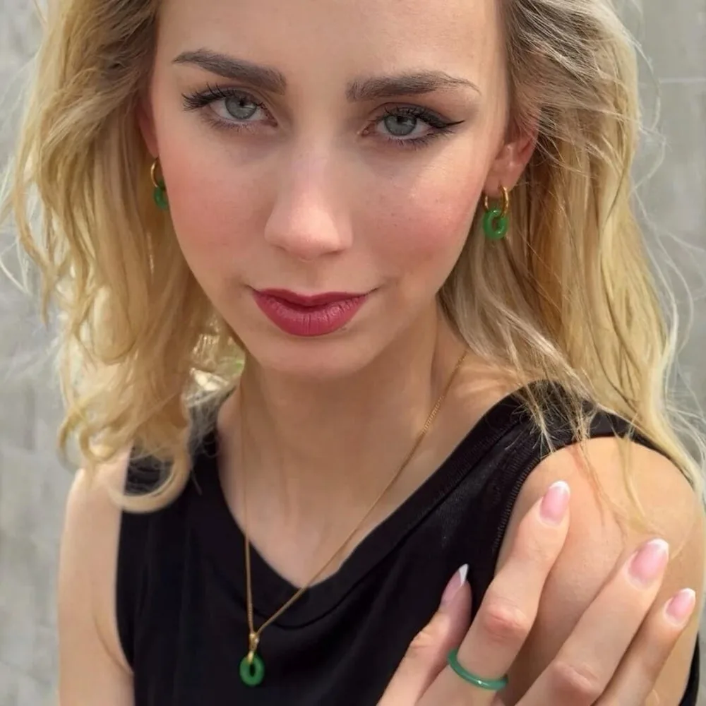 Waterproof Gold Green Jade Donut Necklace