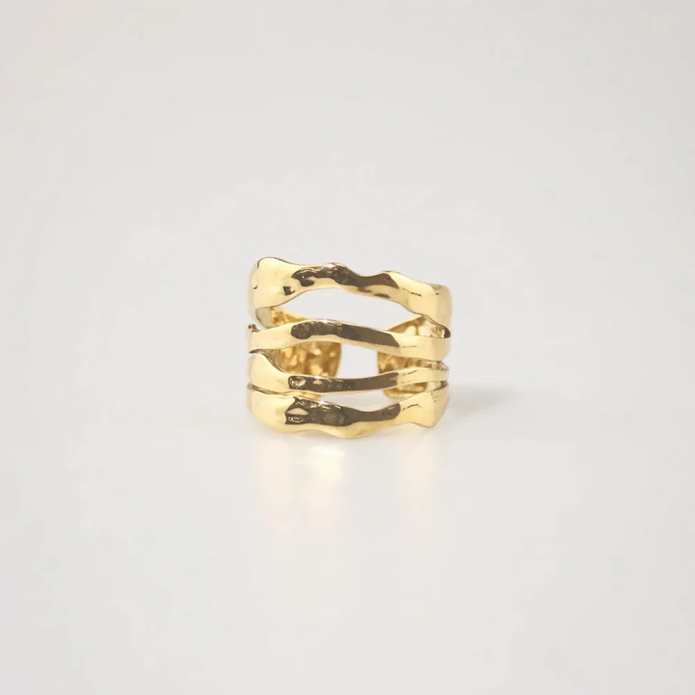 Waterproof Hammered Multi Row Ring - 18k Gold Stainless Steel