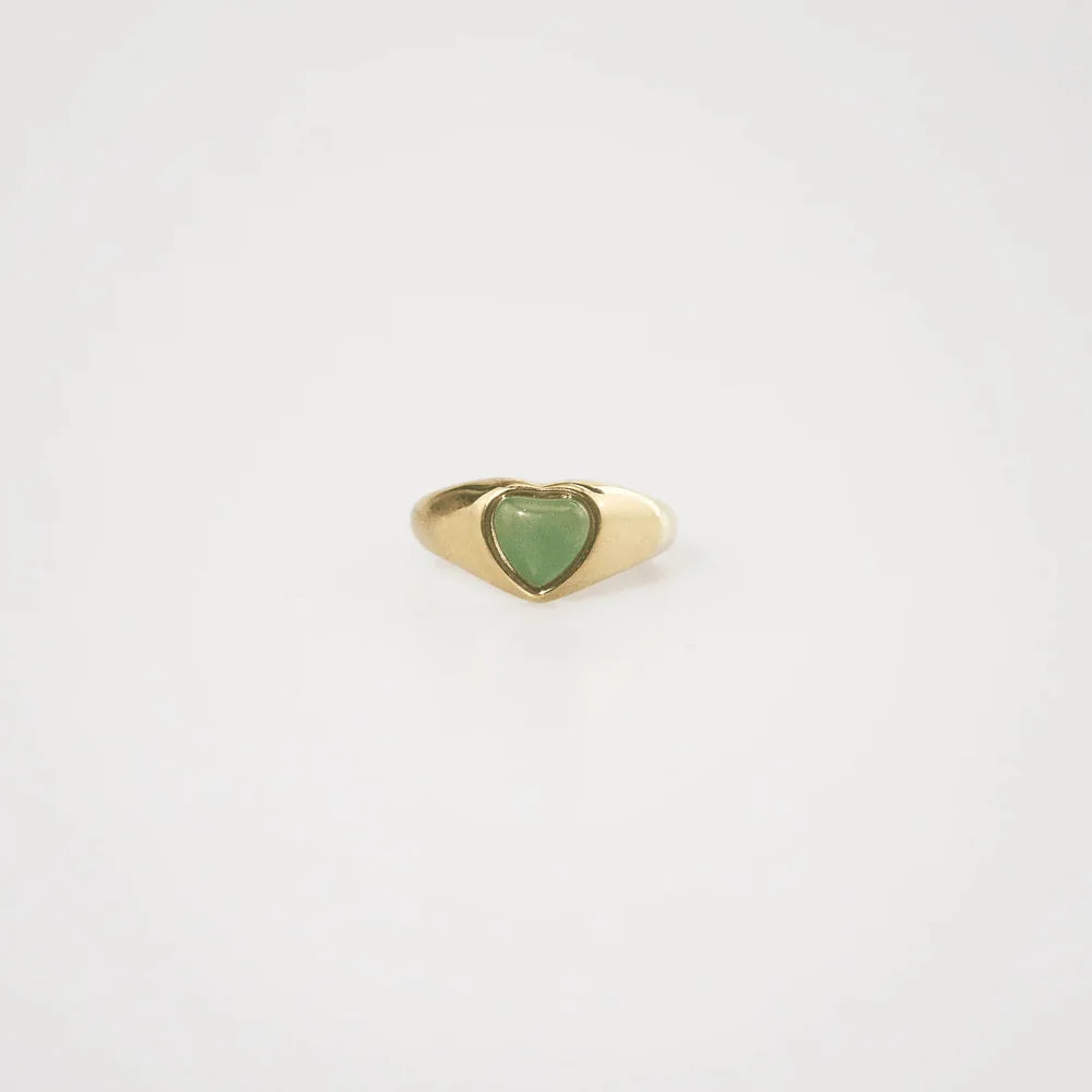 Waterproof Jade Heart Ring - 18k Gold Plated Stainless Steel