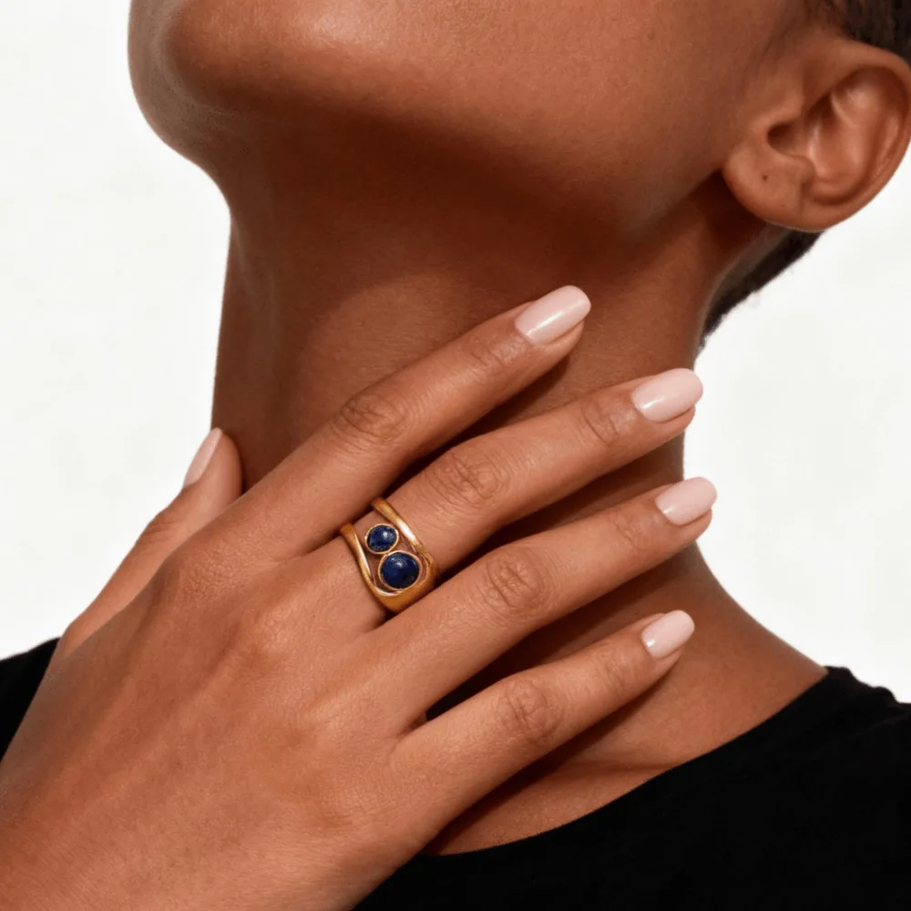 Waterproof Lapis Lazuli Cuff Ring - Hypoallergenic 316L