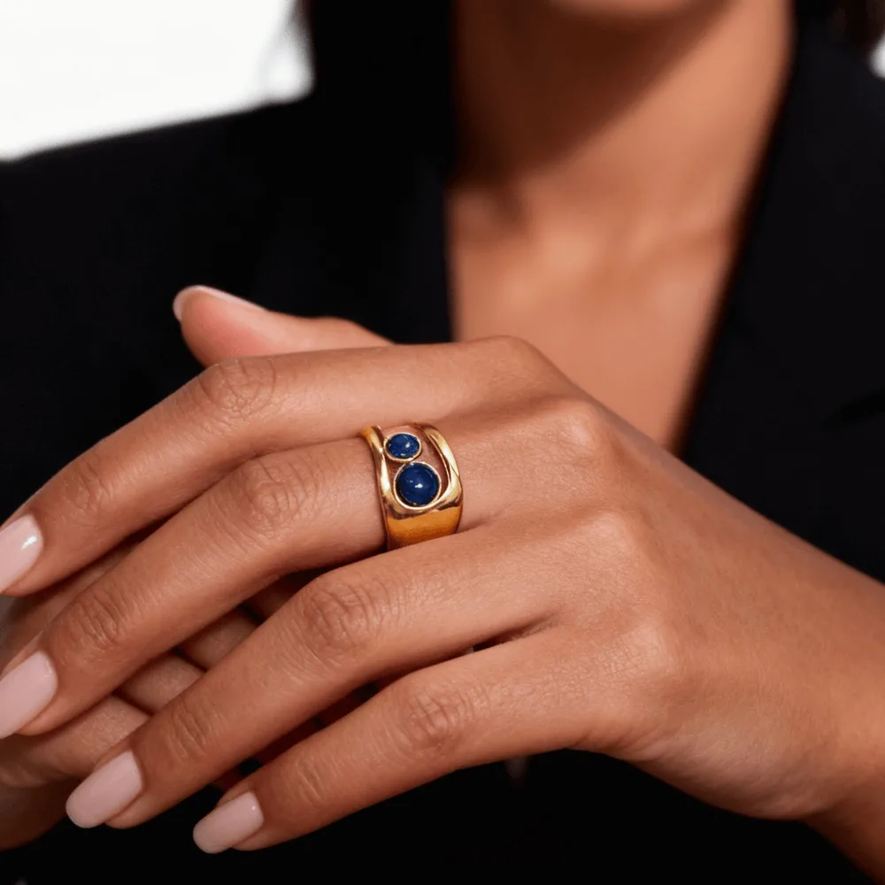 Waterproof Lapis Lazuli Cuff Ring - Hypoallergenic 316L