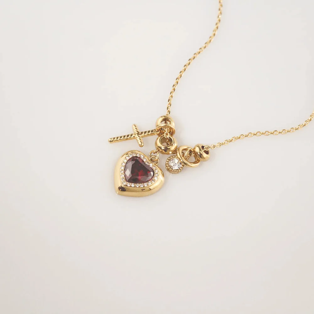 Waterproof Ruby Heart & Cross Charm Necklace